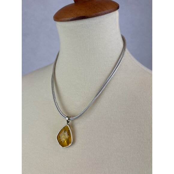 Yellow Glass Pendant Necklace With Silver Tone Trim Adjustable Cord - Picture 3 of 8